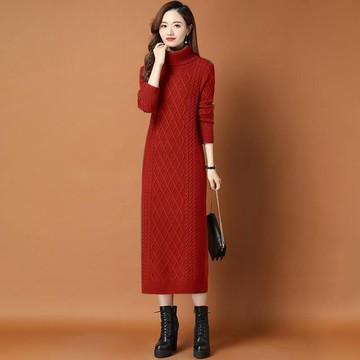 慵懶風洋裝 連衣裙 毛衣裙 洋裝 裙子 慵懶風純色針織衫高領麻花毛衣內搭時尚新款過膝中長款打底毛衣裙