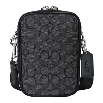 COACH-滿版緹花LOGO織布直式斜背包(黑灰)小款
