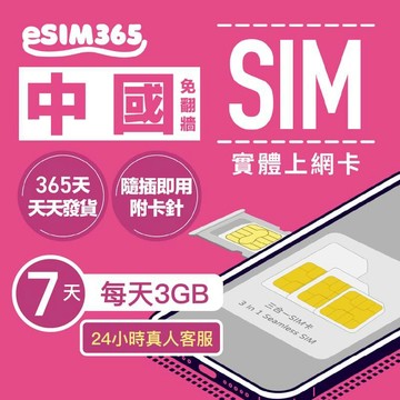 SIM卡｜eSIM｜網卡 【中國上網卡】7天 每日3GB高速上網 免翻牆 中國SIM卡