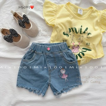 🌈✨mix1001月亮🌙小公主👑印圖抽鬚短褲✨兒童愛心釦女孩印圖短褲 5-17