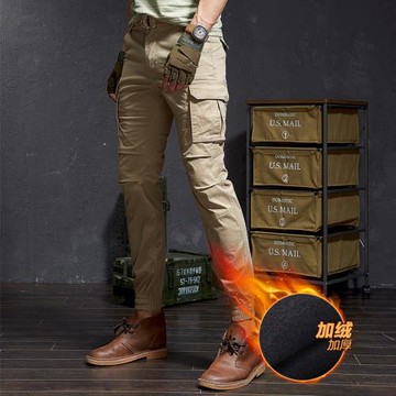 冬天男生加絨工裝褲男冬季保暖束腳外穿褲子多口袋修身加厚迷彩褲