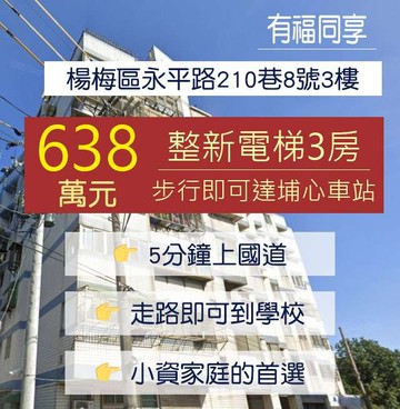 投資客必客 楊梅埔心電梯三房  好出租好管理｜桃園市楊梅區永平路