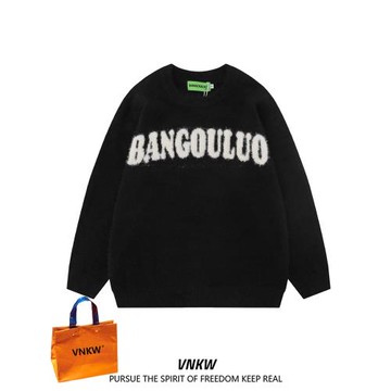 美式字母提花情侶毛衣秋冬款復古仿貂毛慵懶風休閑圓領針織衫男潮