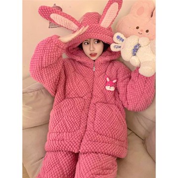 法蘭絨睡衣女冬季天2023年新款加厚加絨三層夾棉珊瑚絨女生家居服