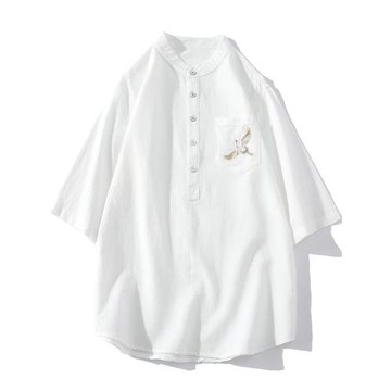 新中式仙鶴刺繡白色亨利領襯衫男夏季七分袖立領t恤棉麻短袖襯衣
