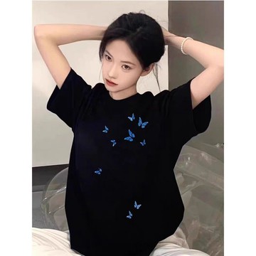 100%純棉短袖蝴蝶印花夏季t恤新款設計感百搭美式寬鬆圓領上衣 棉t 夏天衣服 女生衣服 短袖 t恤 韓國短袖 寬鬆t恤