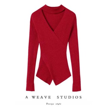 美得不要不要！不規則交叉V領掛脖羊絨針織衫女修身純羊絨打底衫