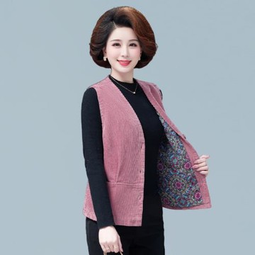 媽媽春裝燈芯絨V領馬夾背心4050歲中老年女裝上衣馬甲坎肩外套薄