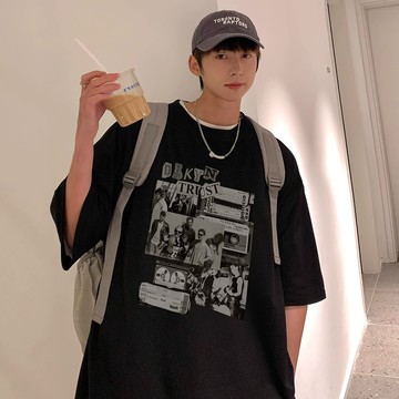 新款重磅純棉t恤 男女生短袖寬鬆大尺碼T恤 oversize上衣潮牌美式短t 日韓係t恤衣服五分袖 男T（HB5479）