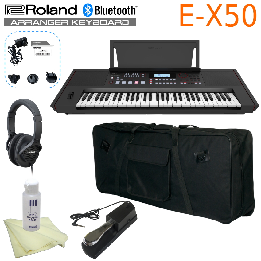 ローランド キーボード E-X50 本体用ケース汎用ペダル付き■Roland 弾き語り電子キーボード Bluetoothマイク機能 61鍵盤 BK ブラック