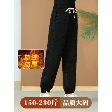 冬季中老年特大碼加絨長褲胖媽媽加肥200斤運動束腳松緊人棉褲子
