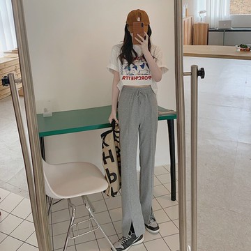 開叉垂感闊腿褲高腰休閑褲子女年新款春季寬松直筒百搭拖地褲