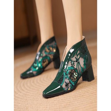 民族風真皮繡花高跟鞋短靴2024夏季新鏤空網紗粗跟女鞋綠色皮涼鞋