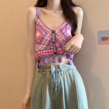 波西米亞民族風鏤空鉤花短款吊帶背心夏季新款洋氣減齡修身上衣2