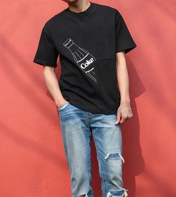 FINDSENSE MD 時尚 男 街頭 拼接 個性可樂印花 寬鬆 休閒 打底短T 短袖T恤 特色短T