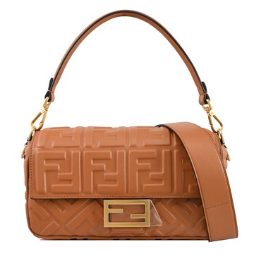 FENDI 8BR600 Baguette 經典壓花NAPPA皮革兩用法棍包.咖