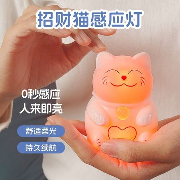 ✨臺灣出貨✨凝彩韻可愛招財貓感應小夜燈白色創意兒童氛圍燈萌寵造型裝飾夜燈