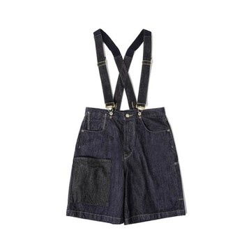 窄幅MBBCAR經典休閑赤耳丹寧五分褲 復古水洗工裝背帶褲牛仔短褲