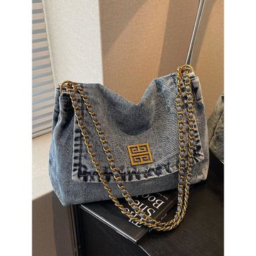 斜挎牛仔布包女2025新款時尚鏈條單肩通勤包大容量百搭上課托特包