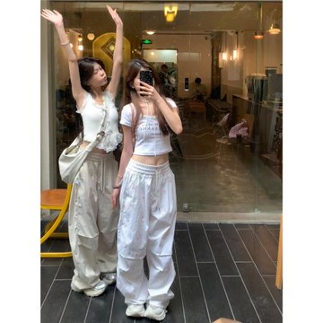 白色蝴蝶結慵懶風美式寬松闊腿休閑褲女春秋工裝速干運動傘兵褲子