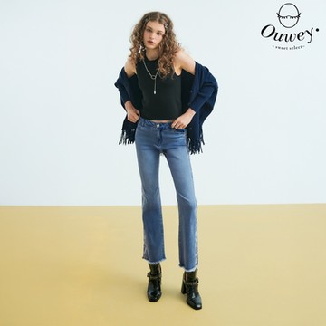 OUWEY歐薇 程式碼拼接全長微喇牛仔褲(藍色；S-L)3233398606