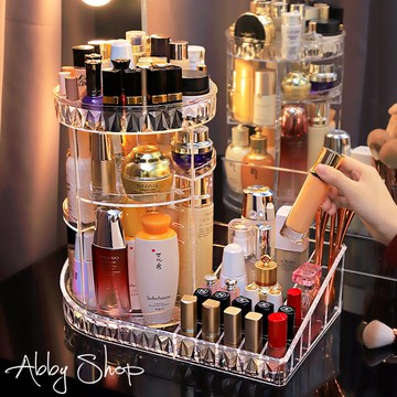 艾比百貨》鑽紋二合一✨360度旋轉化妝品收納盒 化妝櫃 壓克力收納盒 居家收納 化妝收納 收納架 收納櫃 化妝盒