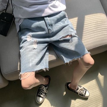 破洞毛邊牛仔短褲男設計感小眾高街褲子夏季五分褲直筒寬松休閑褲