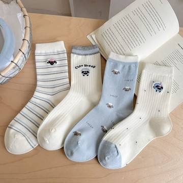 襪子 卡通 可愛 小綿羊 刺繡 中筒襪女 棉襪 透氣 百搭 學生 森系 堆堆襪 ins潮 學院風 撞色 中筒襪