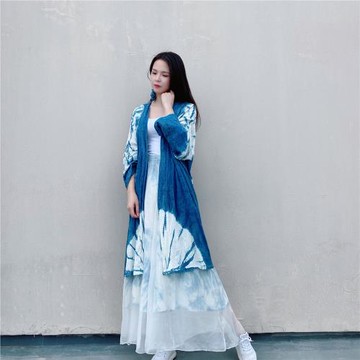 一澈扎染原創設計手工植物藍染夏文藝草木染大花棉麻漢服罩衫外披