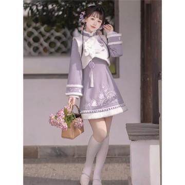 紫云兔原創漢服女漢元素連衣裙日常國風改良旗袍馬甲過年套裝冬季