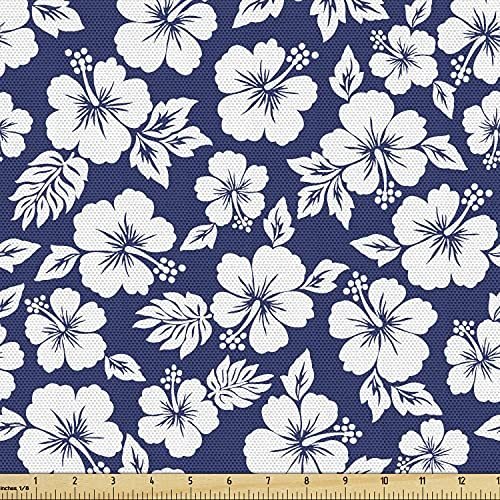 Ambesonne Hawaii Fabric by The Yard, Hibiscus Silhouettes Flowering Mallow