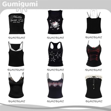 【gumigumi】黑色係辣妹風緊身背心 字母印花無袖上衣 削肩背心 黑色吊帶背心 緊身上衣女 短版吊帶 細吊帶 背心女