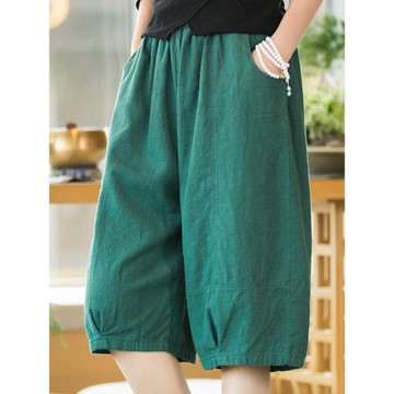 念百秀紡苧麻短褲女夏高腰禪意復古顯瘦闊腿褲寬松五分褲棉麻中褲