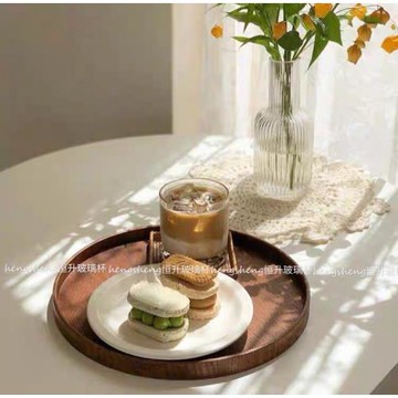 ins韓風木質圓形托盤餐盤點心盤咖啡廳茶水盤收納盤蛋糕盤面包盤