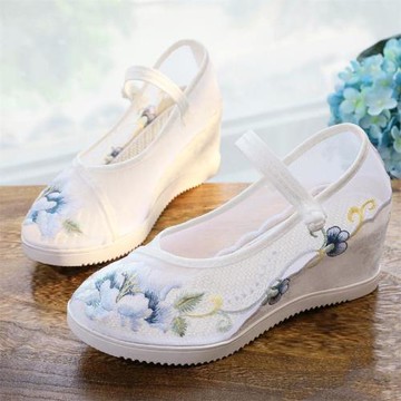 古風漢服鞋夏季款中國風茶藝鞋老北京涼鞋繡花鞋內增高女網紗布鞋