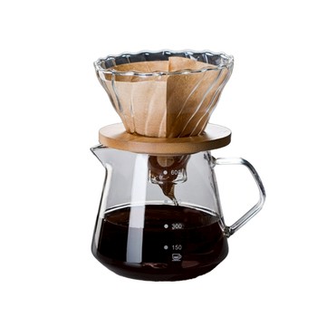 耐高溫過濾咖啡壺組 Set 加厚高硼硅玻璃材質 人體力學手柄 細口S型壺嘴設計  玻璃杯 + 木蓋 + 玻璃過濾器  600ml  1組