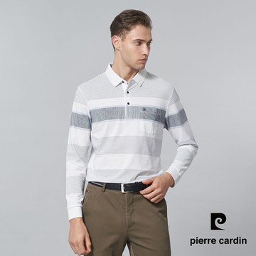 pierre cardin 皮爾卡登 男款 網眼定位橫條印花長袖POLO衫-白色(5245269-90)