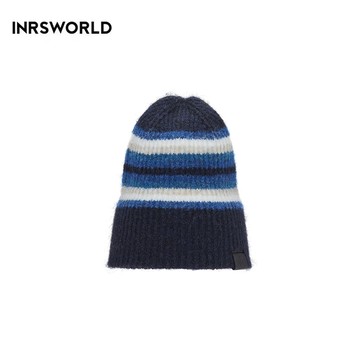 毛線帽【ISW】悉心界 藍白條紋針織毛線帽-無毛球