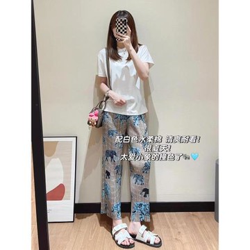 【清倉】外貿2025年夏季復古印花休閑褲女顯瘦高腰百搭褶皺直筒褲