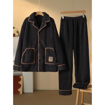 2025秋冬季天高級感男士法蘭絨睡衣大碼珊瑚絨加絨加厚家居服套裝