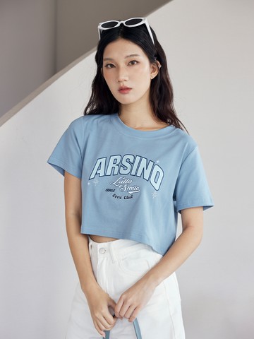 美式印花星星燙鑽圓領上衣-藍色