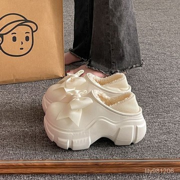 ⚡在臺出⚡僊女風鬆糕厚底棉鞋女冬季防水外穿可愛蝴蝶結包跟加絨防滑棉拖鞋 5LPS