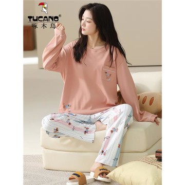 啄木鳥睡衣女春秋天長袖純棉套裝可外穿清新女士冬夏季新款家居服