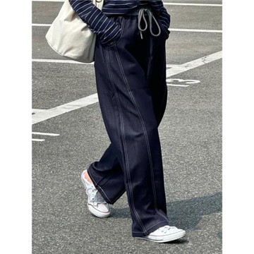 【慵懶老錢感！】秋季彎刀闊腿褲女寬松百搭牛仔褲拼接休閑長褲潮