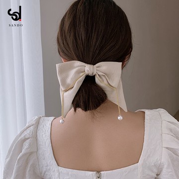 夏天蝴蝶結發飾女米白色珍珠彈簧扣夾子夏季仙氣后腦勺夾子頭飾