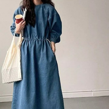 【巴黎精品】現貨+預購 女洋裝長袖連身裙大尺碼長裙連衣裙A字裙休閒大碼女裝-收腰抽繩牛仔女裙子a1in11