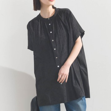 日本 OMNES - 100%棉 透膚感緹花短袖寬版襯衫-黑