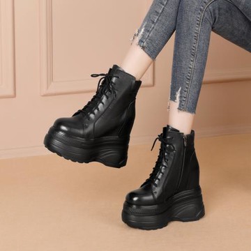 14CM超高跟坡跟短靴秋季新款超厚底內增高馬丁靴恨天高真皮女靴子