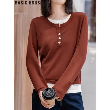 Basic House/百家好安可拉紅假兩件針織衫內搭打底衫上衣女裝秋冬