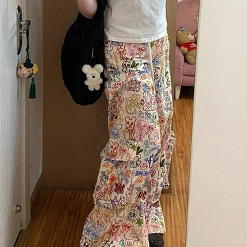 本土出貨 甜酷辣妹美式塗鴉高街夏季新款工裝闊腿褲夏季薄款休閒運動褲 y2k 辣妹 甜酷&1 R